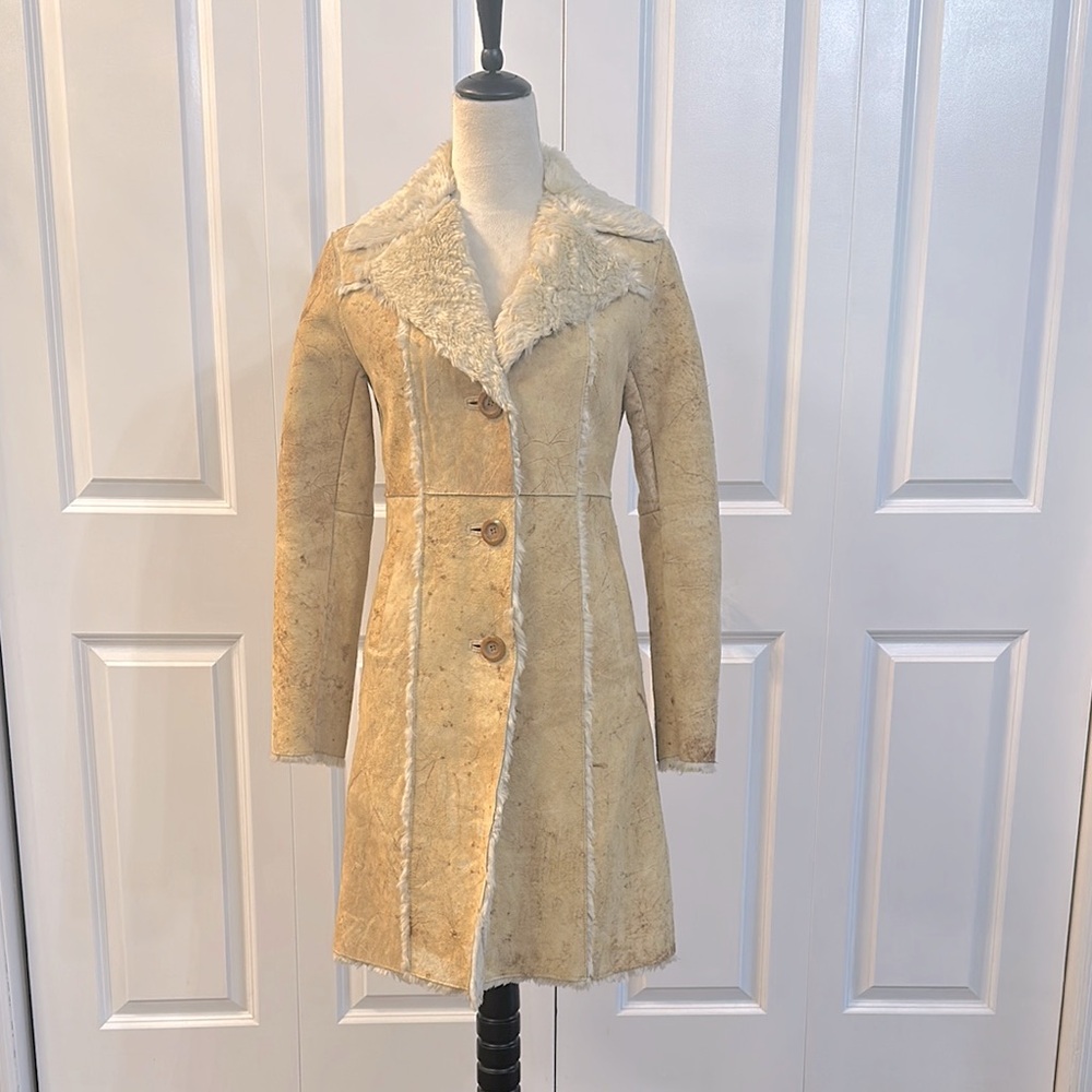 Express Tan Shearling Teddy Jacket Coat with Cream Lining